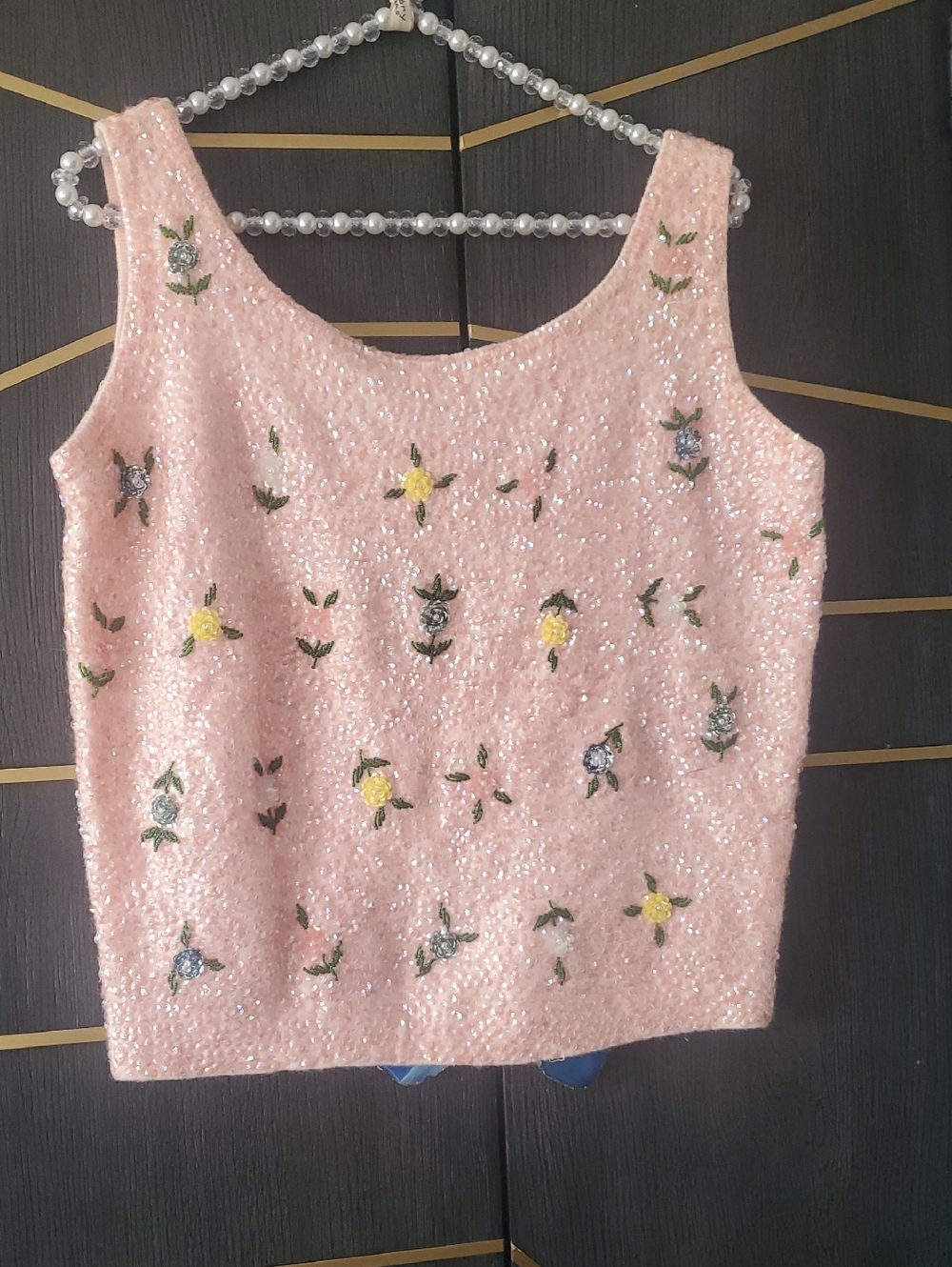 Vintage Pink Sequin Floral Tank Top